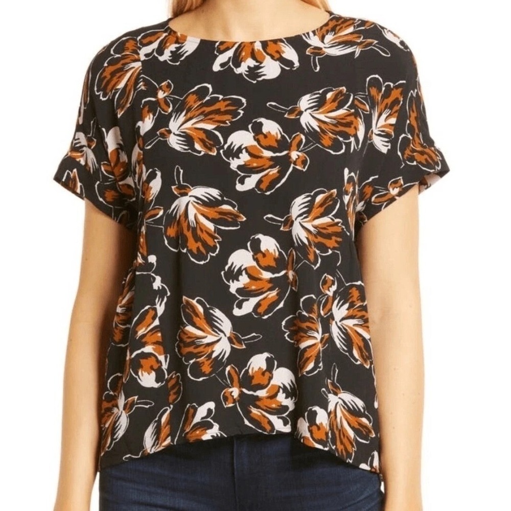 Madewell Black Mustard Floral Short Sleeve Keyhole Back Blouse Top Small NWOT